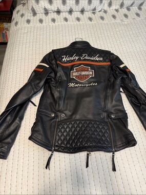Harley-Davidson Black Leather Jacket with Orange & White Trim